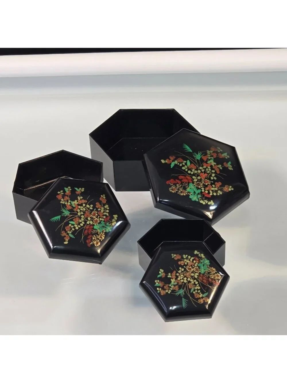Vintage Set 3 Hexagonal Nesting Celluloid Floral Trinket Boxes Made in Hong Kong